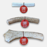 Durable elk antler dog chews from Farm To Pet, showing whole and split antlers suitable for dogs for natural chewing.
