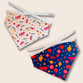 Farm To Pet tie-on dog bandana with adjustable string-tie, featuring a colorful pattern for dogs and cats.