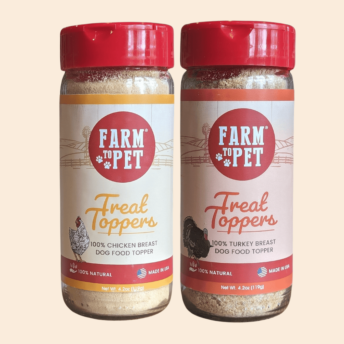 Farm To Pet chicken and turkey dog food topper bundle featuring high-protein treat toppers for dogs.