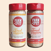 Farm To Pet chicken and turkey dog food topper bundle featuring high-protein treat toppers for dogs.