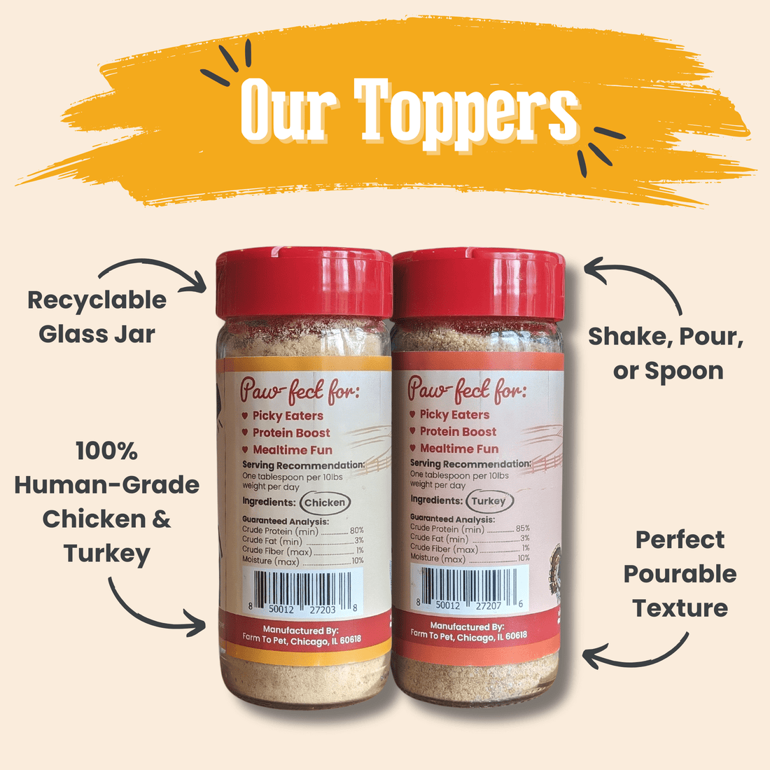 Farm To Pet Chicken &amp; Turkey Dog Food Topper Bundle with lean turkey topper and chicken topper in a natural dog food presentation.