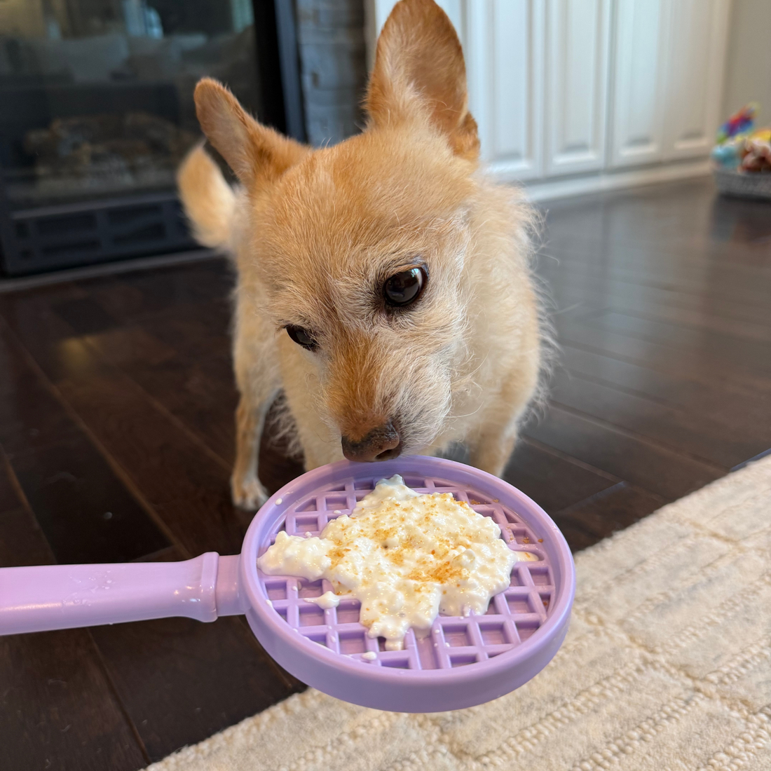 Purple Farm To Pet Lick Stick interactive dog training toy featuring a waffle design for engaging canine licking activity.