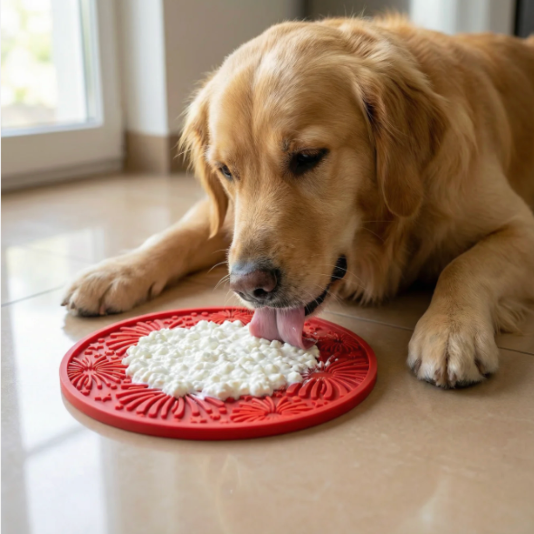 Red Farm To Pet round dog lick mat with suction cups for easy grip and entertainment.