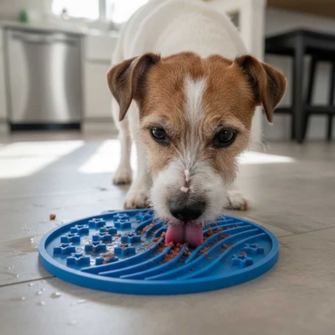Blue round Farm To Pet dog lick mat with suction cups, American flag design, perfect for engaging and calming your pet.