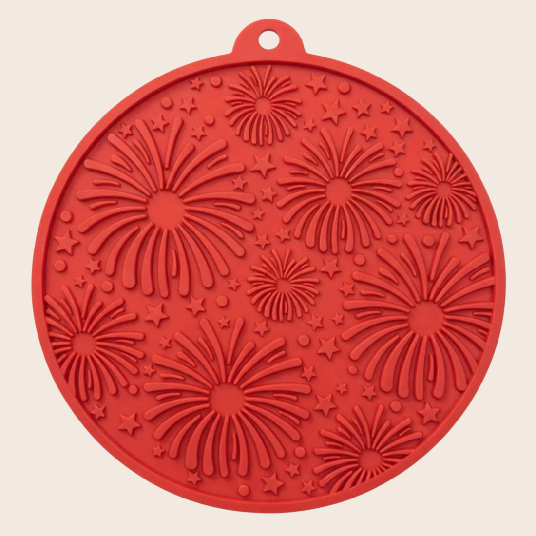 Farm To Pet round dog lick mat with suction cups, red fireworks design, featuring textured surface for dog treats and licking fun.