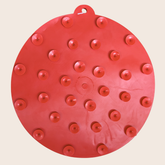 Red Farm To Pet round dog lick mat with suction cups, designed to keep dogs entertained and calm during feeding or play.