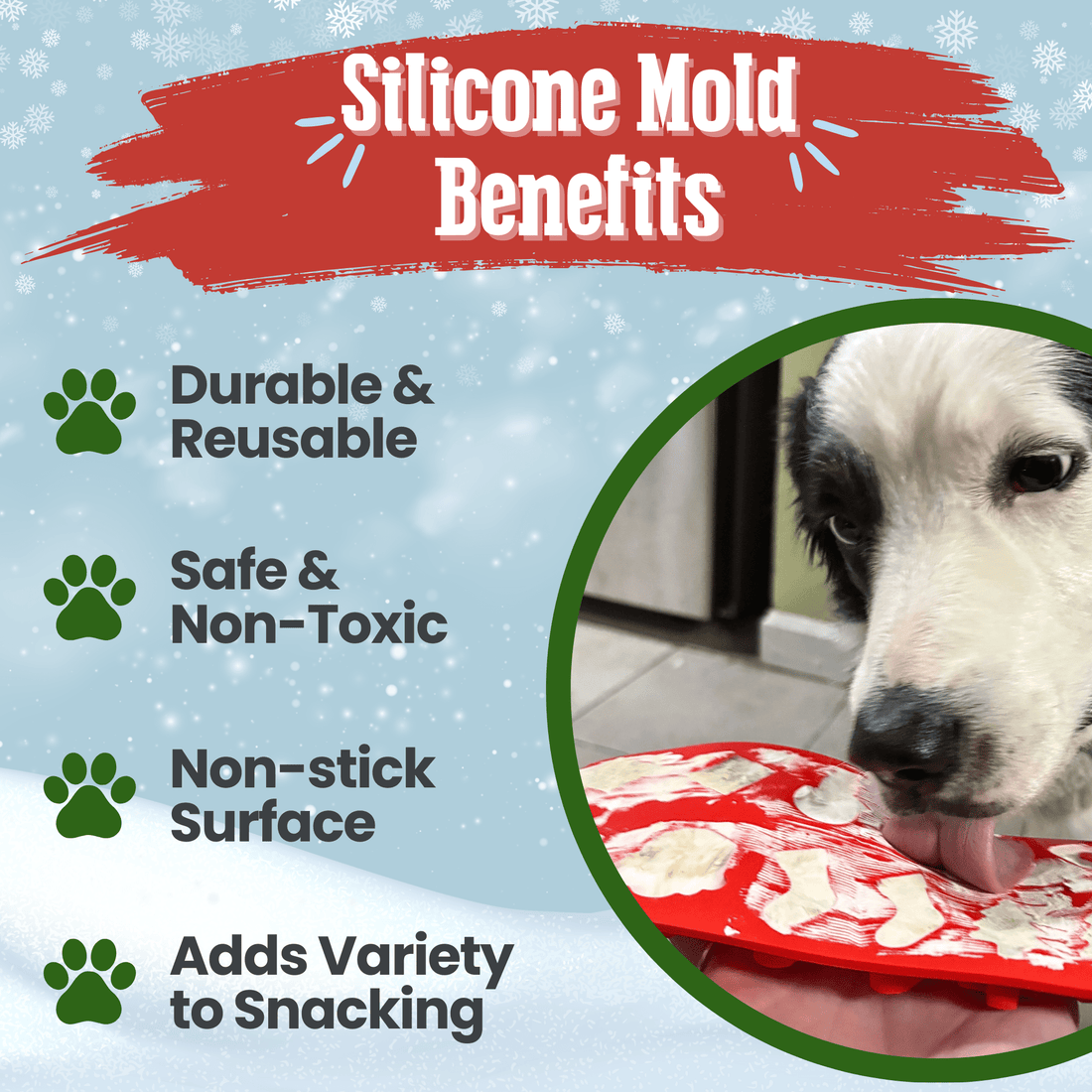 Farm To Pet holiday silicone dog treat mold showing festive shapes for making homemade dog treats.