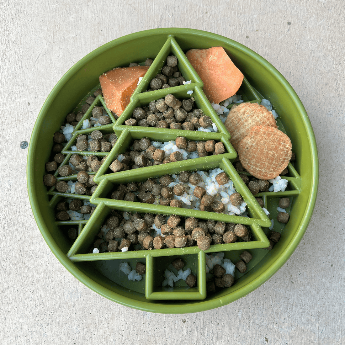 Green Farm To Pet slow feeder dog bowl designed to slow eating, featuring a textured surface, ideal for preventing choking.