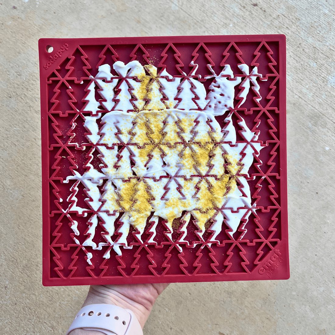 Red Farm To Pet Dog Lick Mat with holiday-themed design, textured surface for engaging dogs during treats and play.