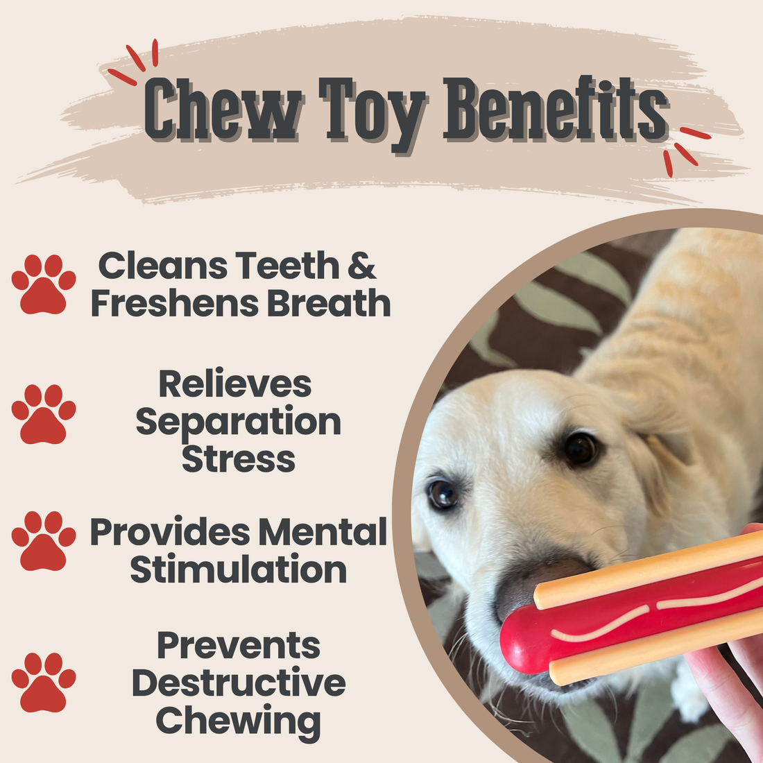 Farm To Pet hot dog tug chew toy for dogs, durable rubber dog toy for chewing and playtime fun.