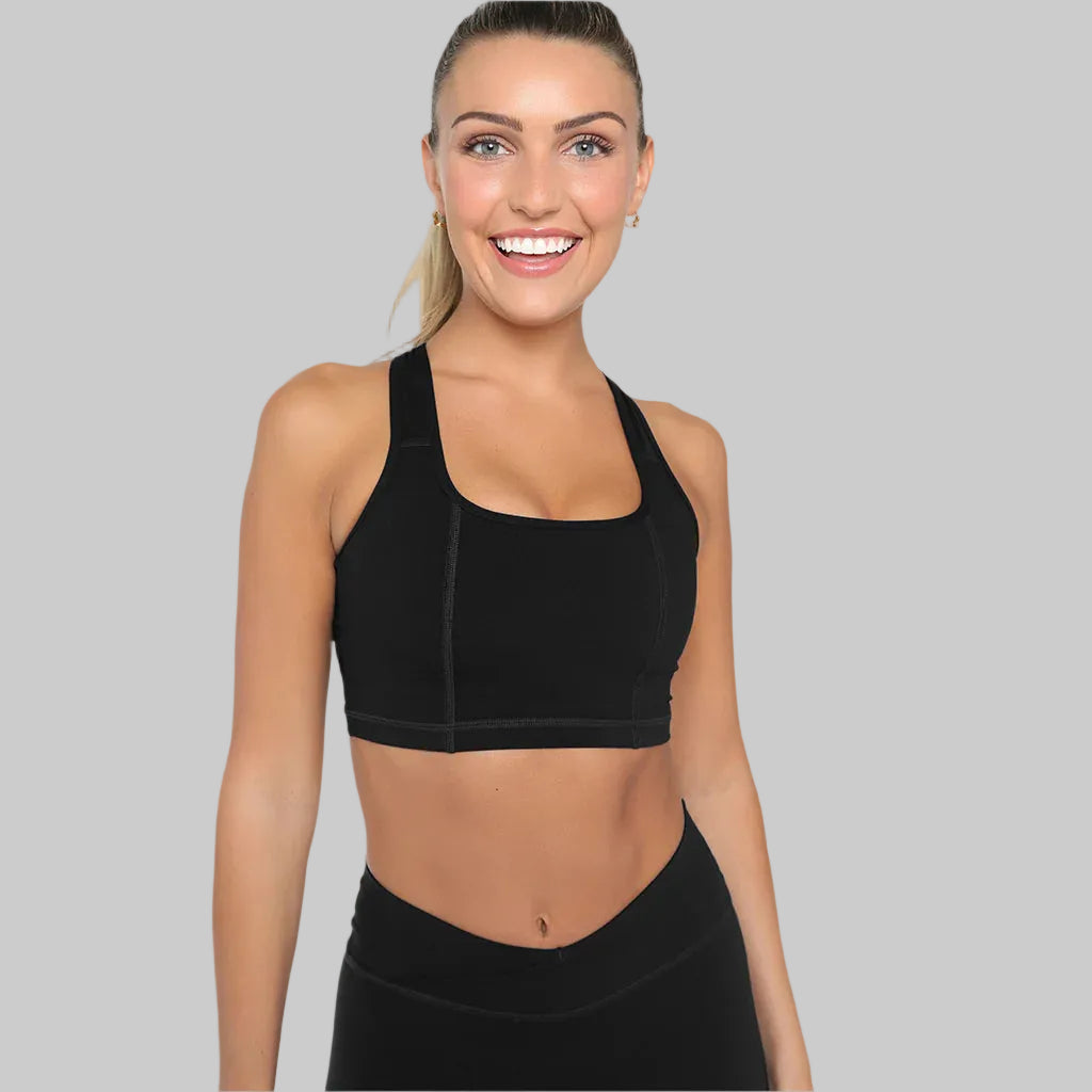 Black FitKitty Culture SmoothFit full coverage sports bra with supportive design, ideal for active yoga and workout sessions.