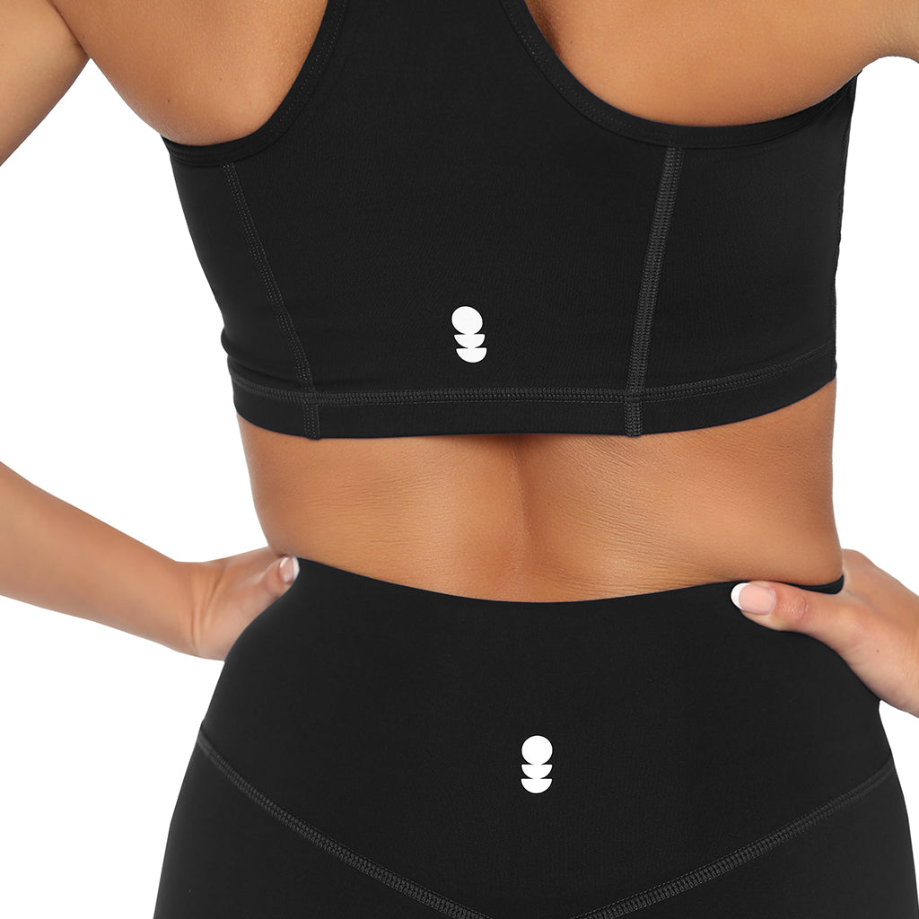 Black FitKitty Culture full coverage sports bra with supportive design, ideal for workout and yoga activities.
