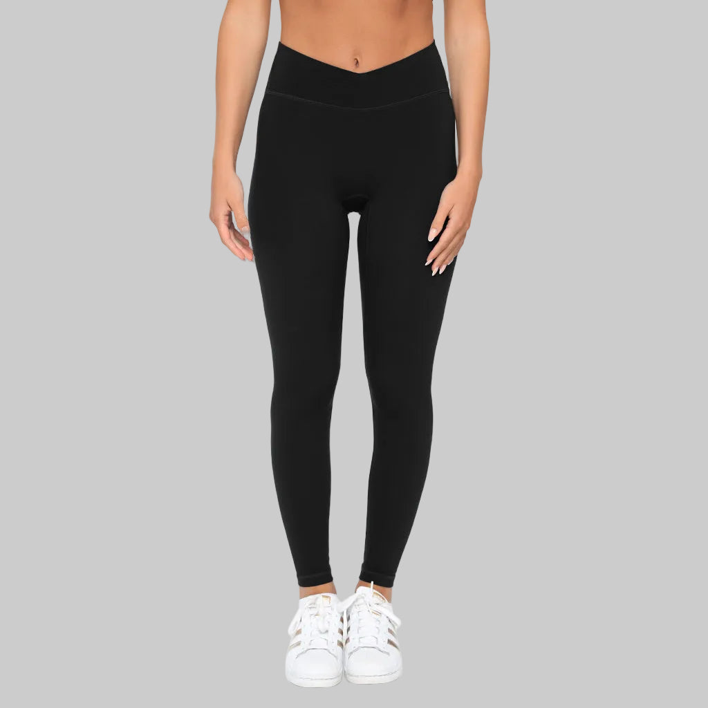 Black SmoothFit Crossover Leggings by Fitkitty Culture, seamless yoga and athleisure wear for women.