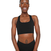 Black Fitkitty Culture SmoothFit full coverage sports bra, supportive athletic wear for women, shown on a model.