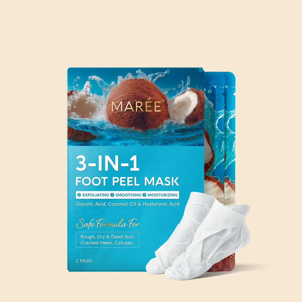 Maree exfoliating and hydrating foot mask showing a foot with the mask applied and a relaxing spa setting