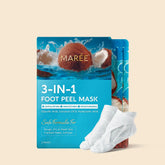 Maree exfoliating and hydrating foot mask showing a foot with the mask applied and a relaxing spa setting