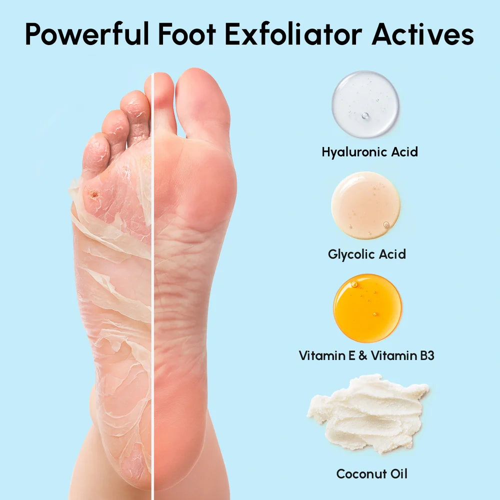 Maree exfoliating and hydrating foot mask in a white tube with a peel-off foot mask on a wooden surface.