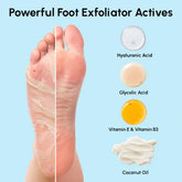 Maree exfoliating and hydrating foot mask in a white tube with a peel-off foot mask on a wooden surface.