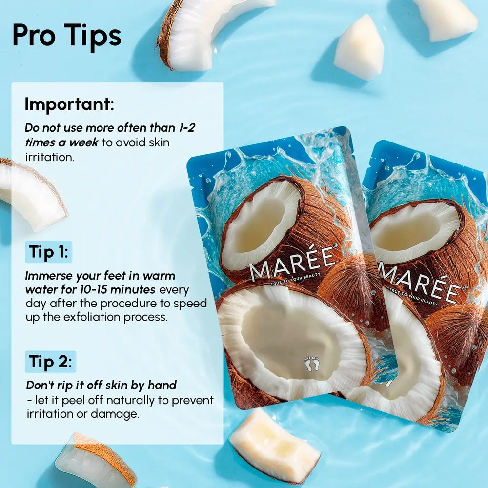 Maree exfoliating and hydrating foot mask in a clear plastic pouch with foot peel mask inside, designed for smooth, refreshed feet.