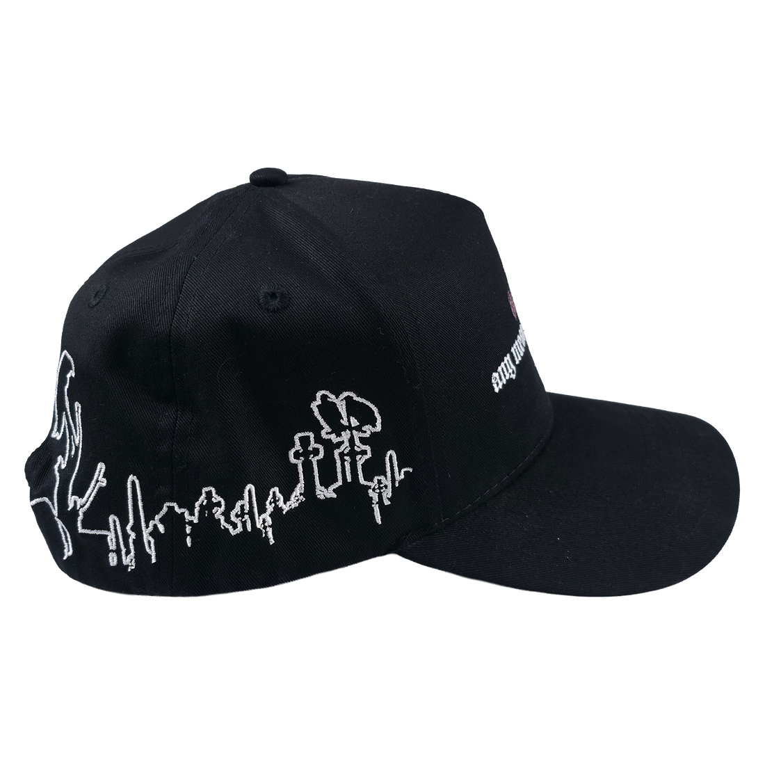 Structured Forsaken hat by Any Means Necessary Clothing with a bold design and adjustable strap in black and white.