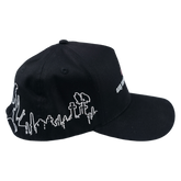 Structured Forsaken hat by Any Means Necessary Clothing with a bold design and adjustable strap in black and white.