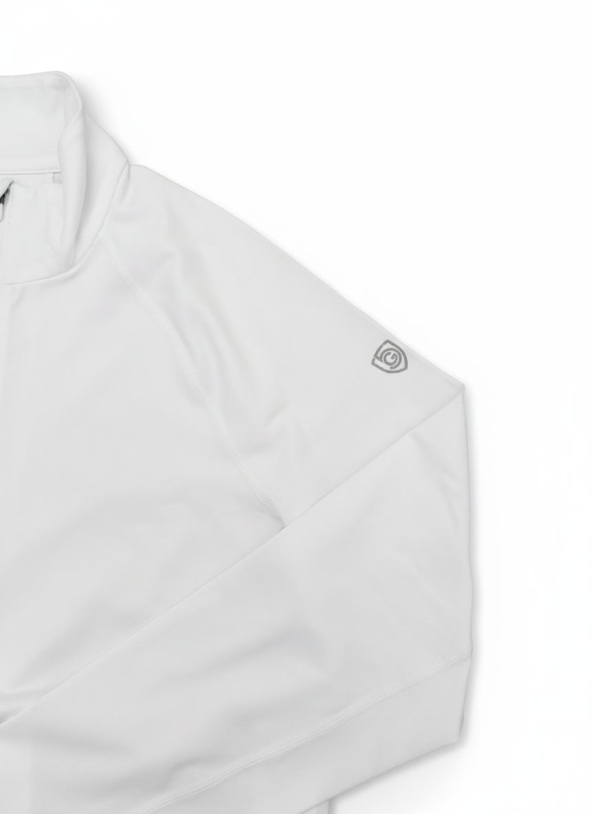 Goal Five Foudy mid-weight long sleeve training top with ½ zip and logo on sleeve, in white.