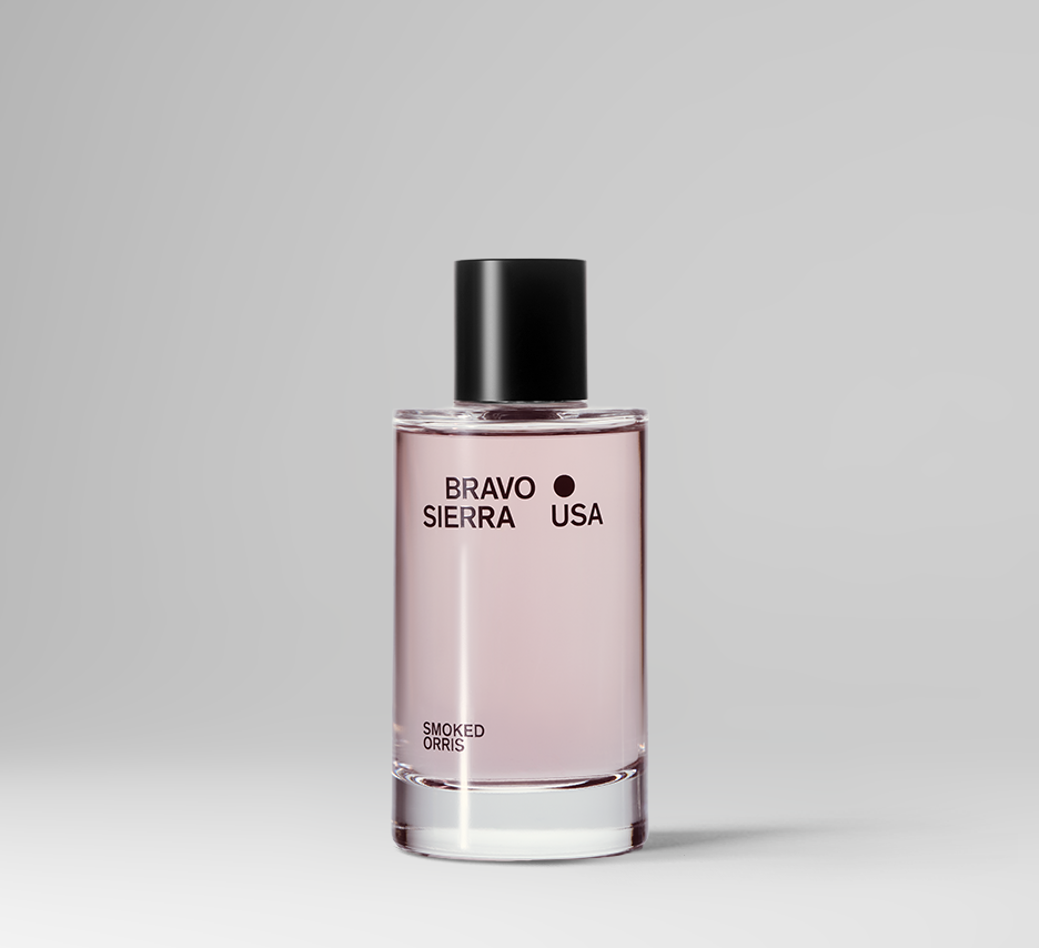 Bravo Sierra smoked oris body fragrance bottle, elegant fragrance container with a smoky orris scent for personal scent enhancement