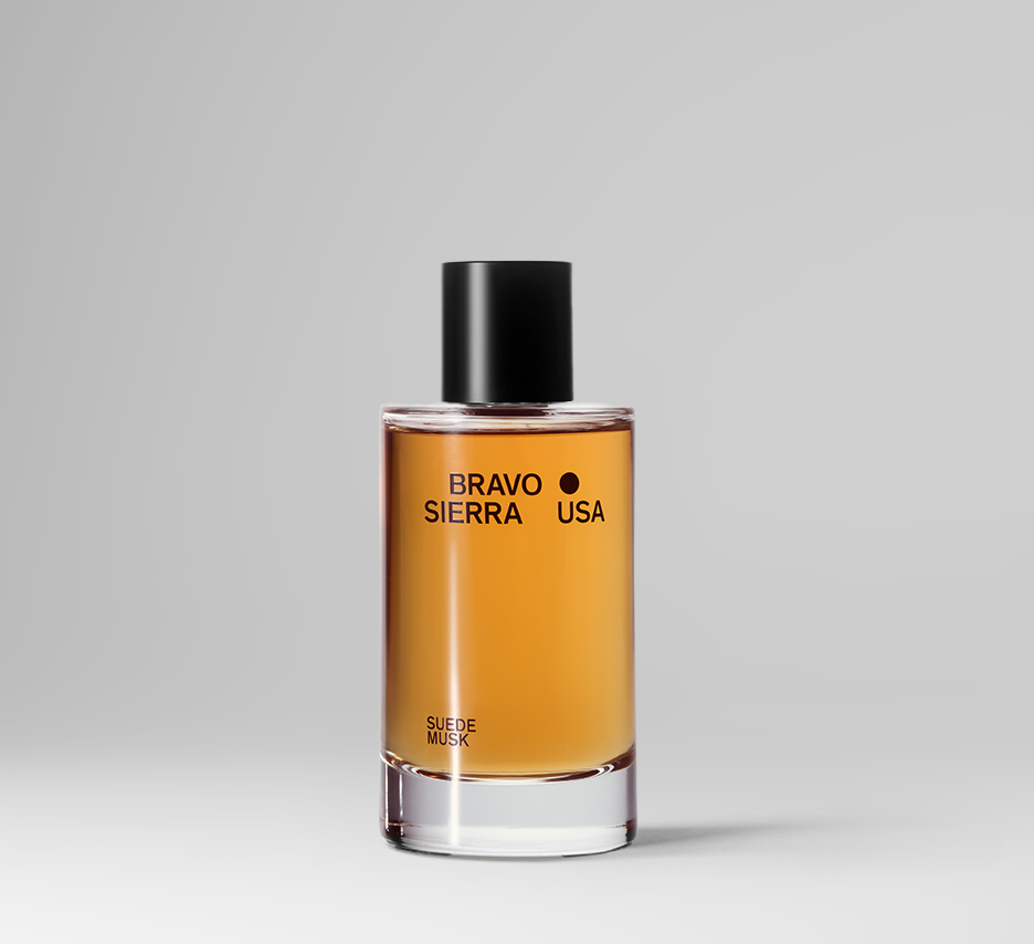 Bravo Sierra body fragrance bottle with suede scent, featuring a sleek design and elegant packaging.