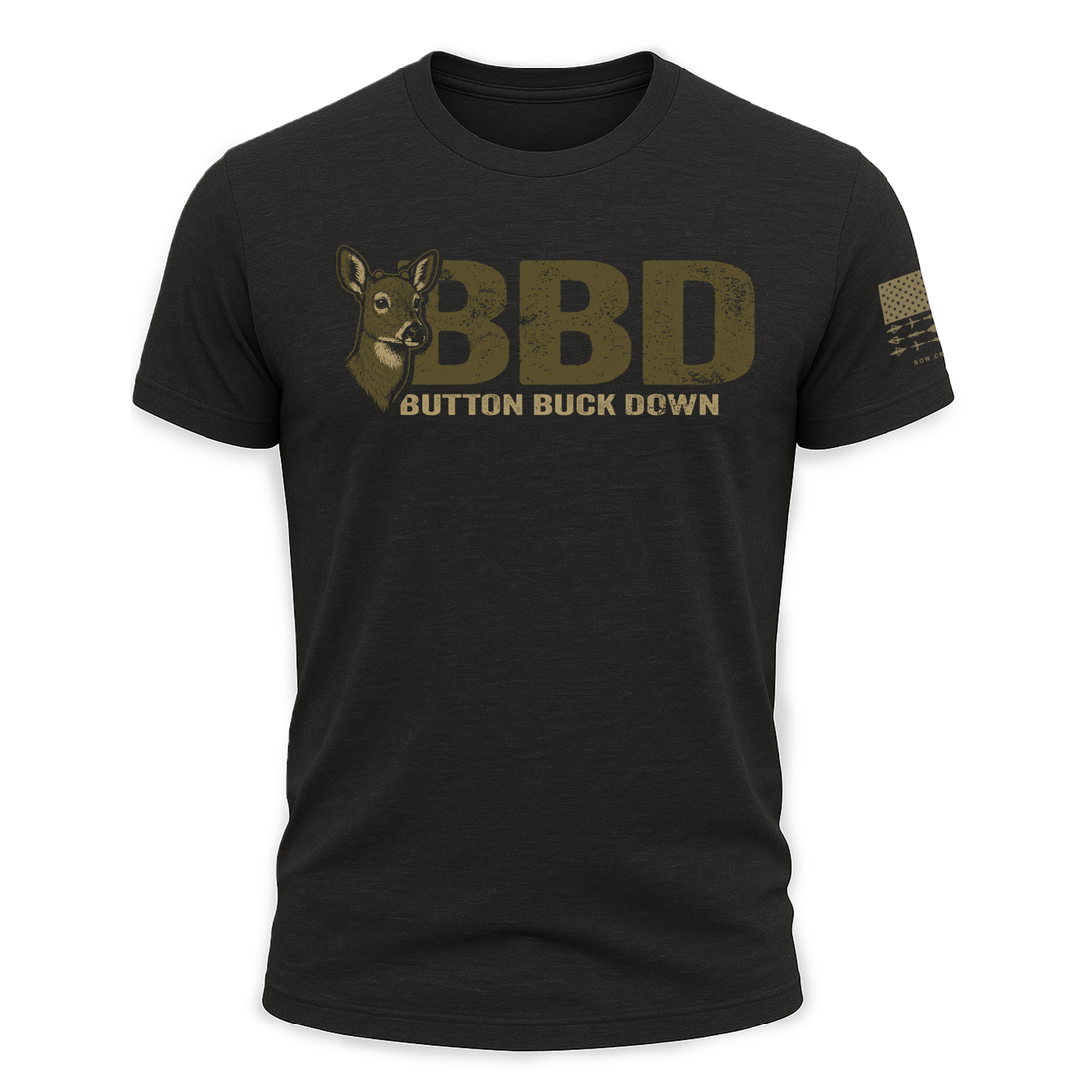 Front view of a Bow Crew Apparel BBD T-Shirt featuring a stylish design for bow hunting enthusiasts.