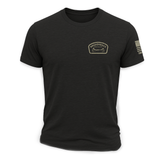Black "Broadheads Over Bullets" T-shirt by Bow Crew Apparel featuring a front design celebrating bow hunting lifestyle.