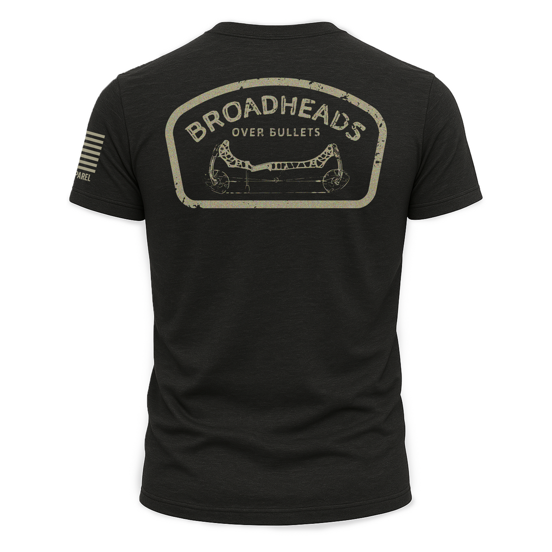 Black T-shirt featuring the "Broadheads Over Bullets" design from Bow Crew Apparel, showcasing a bow hunting lifestyle graphic.