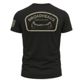 Black Bow Crew Apparel T-shirt featuring "Broadheads Over Bullets" graphic, showcasing a casual bow hunting lifestyle design.