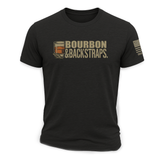 Front view of bourbon and backstraps themed T-shirt by Bow Crew Apparel, showcasing detailed design on soft cotton fabric.