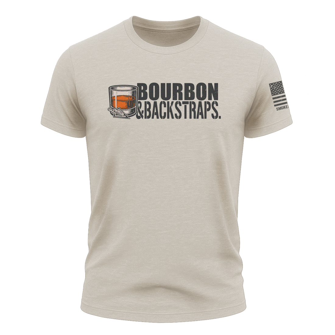 Front view of Bow Crew Apparel Bourbon &amp; Backstraps tan T-shirt with graphic design, casual fit, and crew neckline.