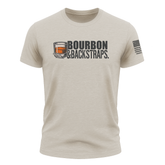 Front view of Bow Crew Apparel Bourbon & Backstraps tan T-shirt with graphic design, casual fit, and crew neckline.