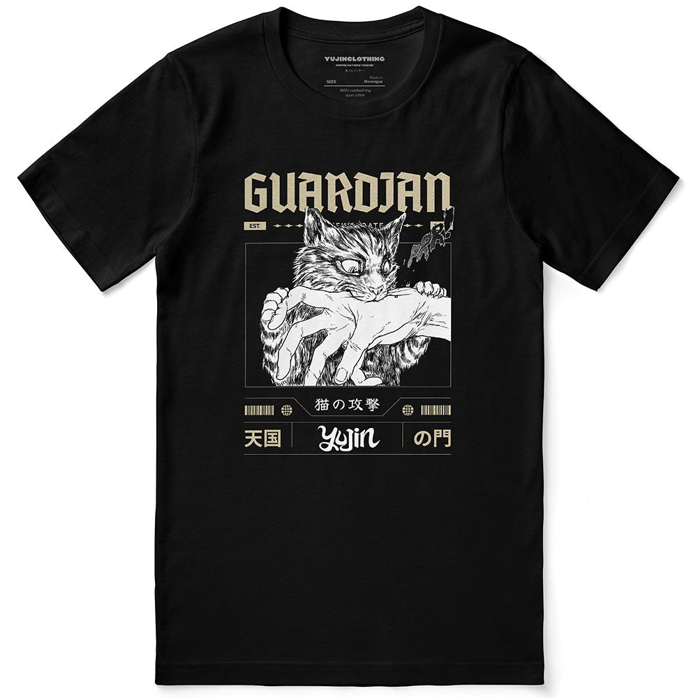 Guardian Cat T-Shirt by Yūjin Clothing featuring a stylish cat graphic on a comfortable cotton fabric.