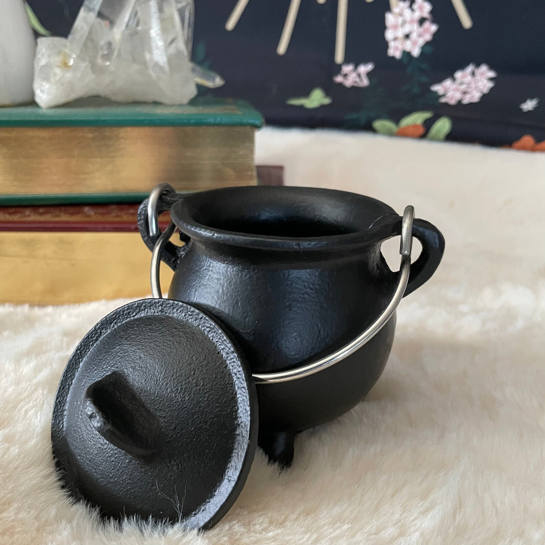 Cast iron cauldron with lid by Evermore Everlasting, showcasing a sturdy, round cooking pot perfect for outdoor or decorative use.
