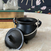 Cast iron cauldron with lid by Evermore Everlasting, showcasing a sturdy, round cooking pot perfect for outdoor or decorative use.