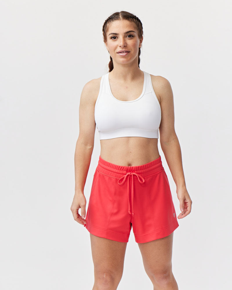 Goal Five G5 Advance 4.5-inch knit shorts in hot coral, featuring a comfortable elastic waistband and breathable fabric.