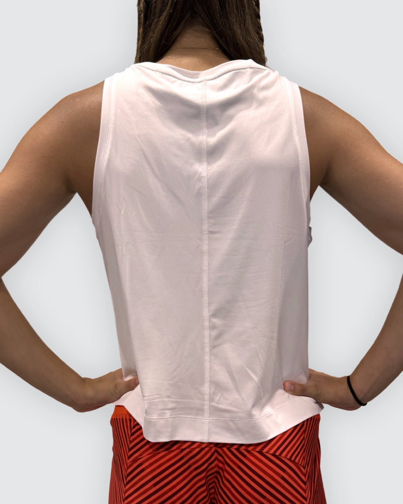 White Goal Five boxy crop tank top shown from the back, featuring a relaxed fit and sleeveless design.