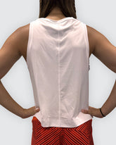 White Goal Five boxy crop tank top shown from the back, featuring a relaxed fit and sleeveless design.