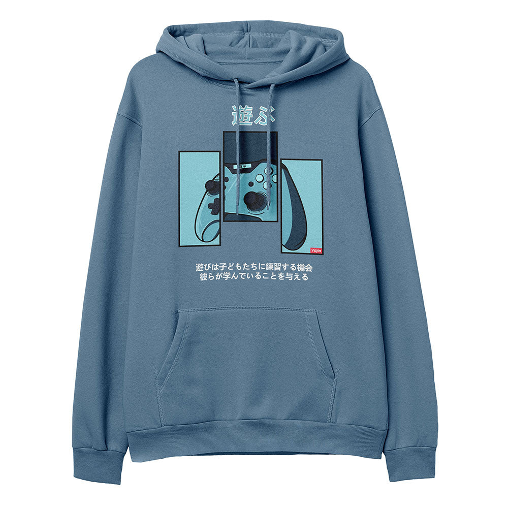 Yūjin Clothing Game Over hoodie featuring bold graphic design, comfortable fit, and casual streetwear style.