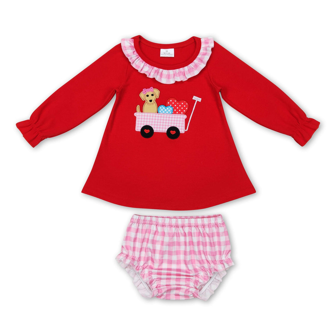 Dog heart red top plaid bummies girls Valentine&