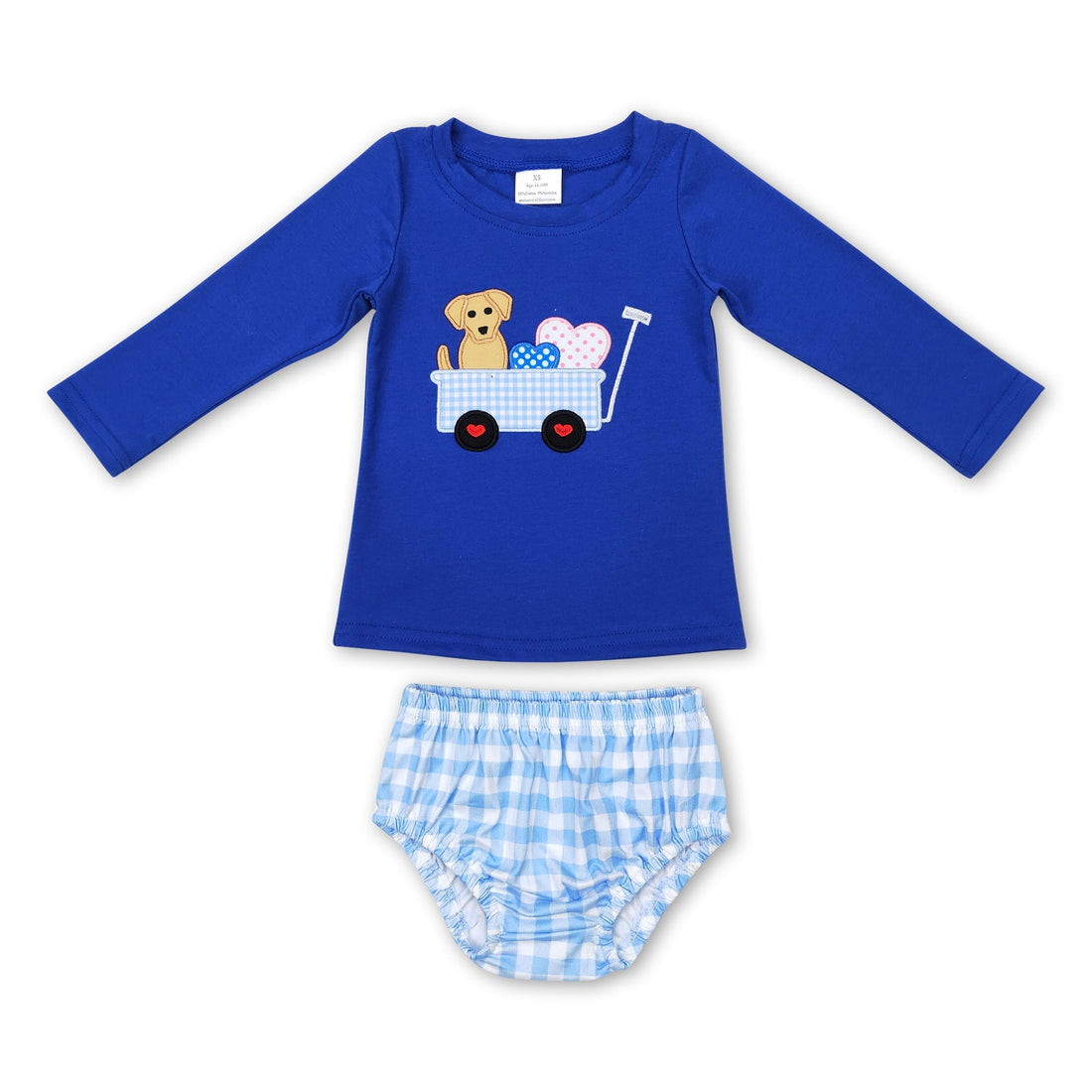 Dog heart blue top plaid bummies boy Valentine&