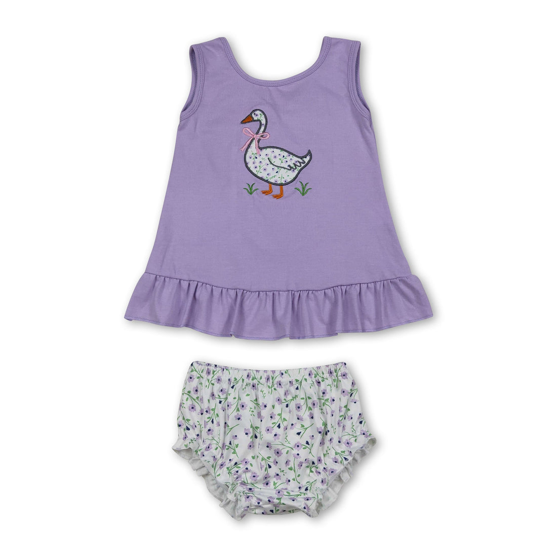Lavender floral bow goose top and bummies baby girls set by Mini Rodeo, featuring a cute floral design and bow accents.