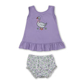 Lavender floral bow goose top and bummies baby girls set by Mini Rodeo, featuring a cute floral design and bow accents.