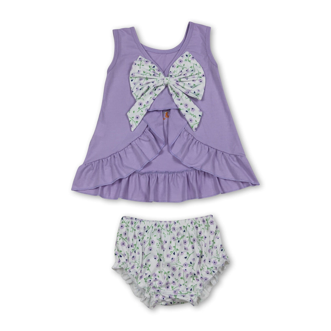 Mini Rodeo lavender floral bow baby girls bummies set with cute top and matching bottoms, perfect for little girls.