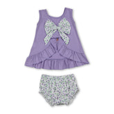 Mini Rodeo lavender floral bow baby girls bummies set with cute top and matching bottoms, perfect for little girls.