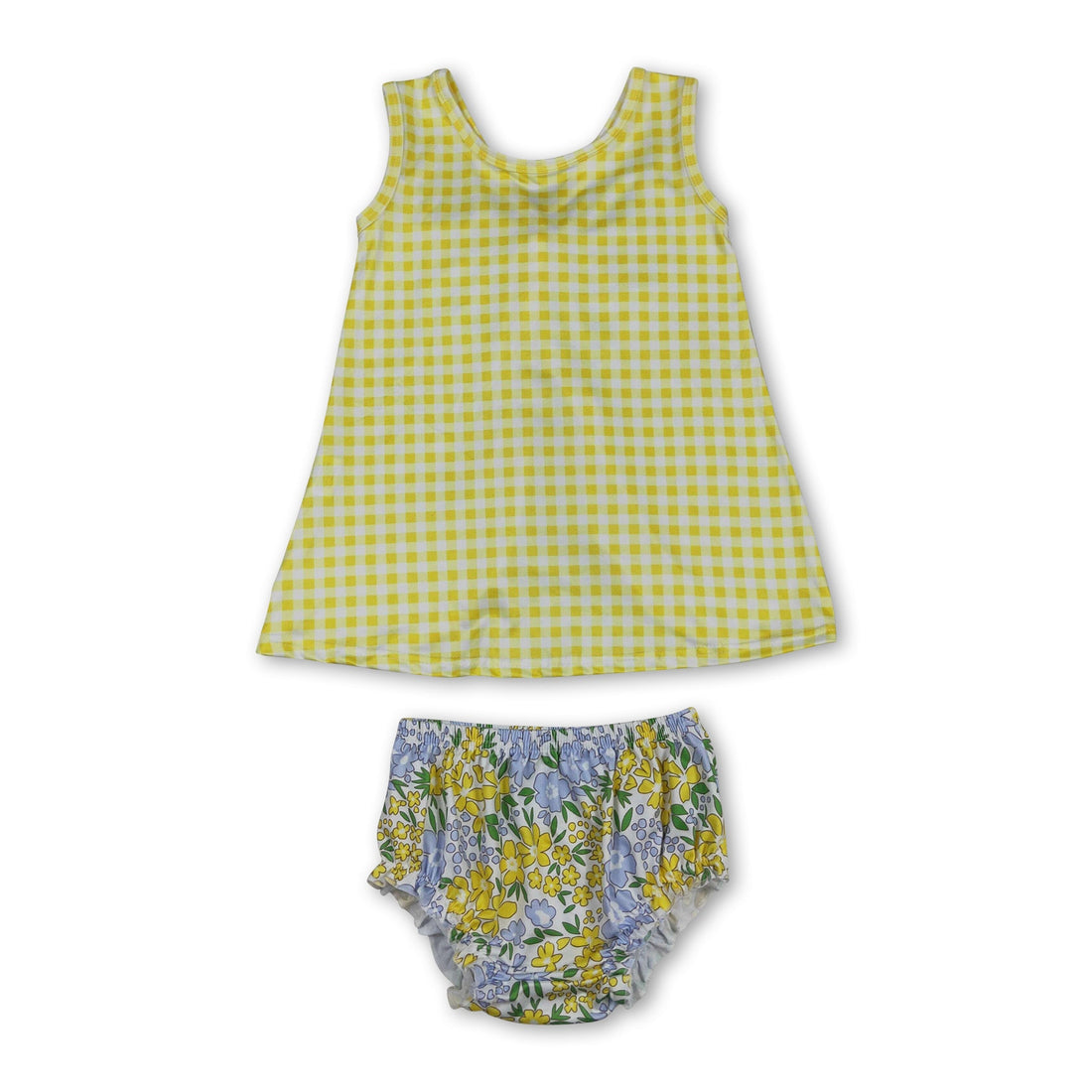 Baby girls sleeveless yellow plaid top and floral bummies set by Mini Rodeo, featuring a cute, coordinated outfit for warm weather.