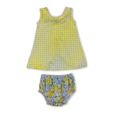 Baby girls sleeveless yellow plaid top and floral bummies set by Mini Rodeo, featuring a cute, coordinated outfit for warm weather.